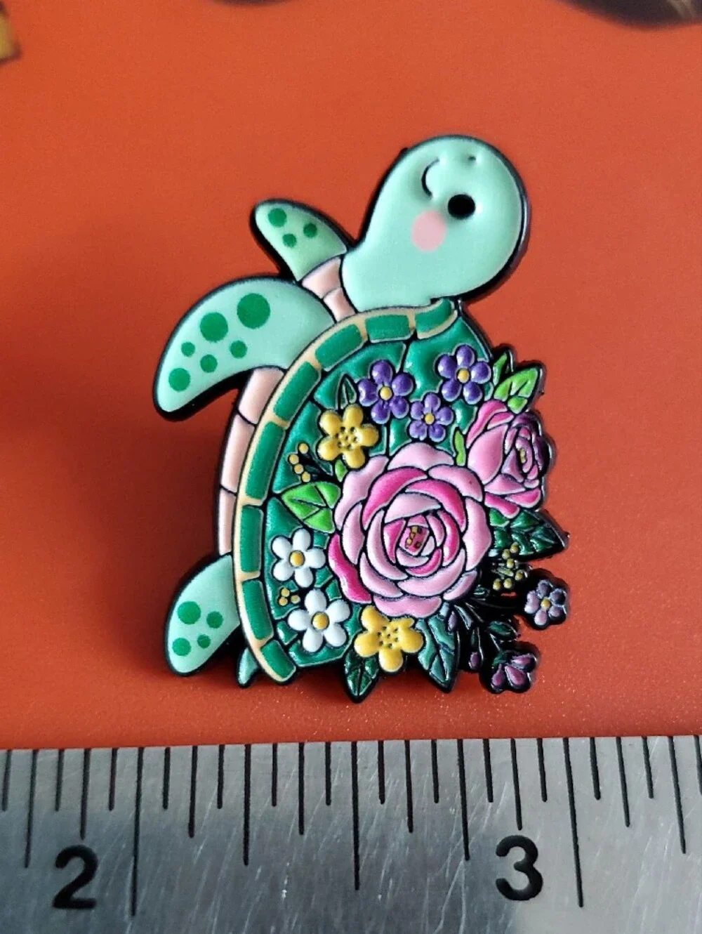 Floral Turtle Enamel Pin - Mint Green with Pink Roses